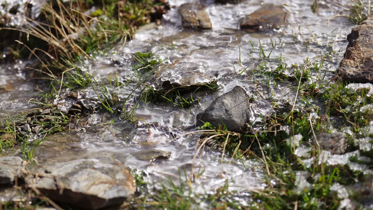 Water sliding over frozen rocks