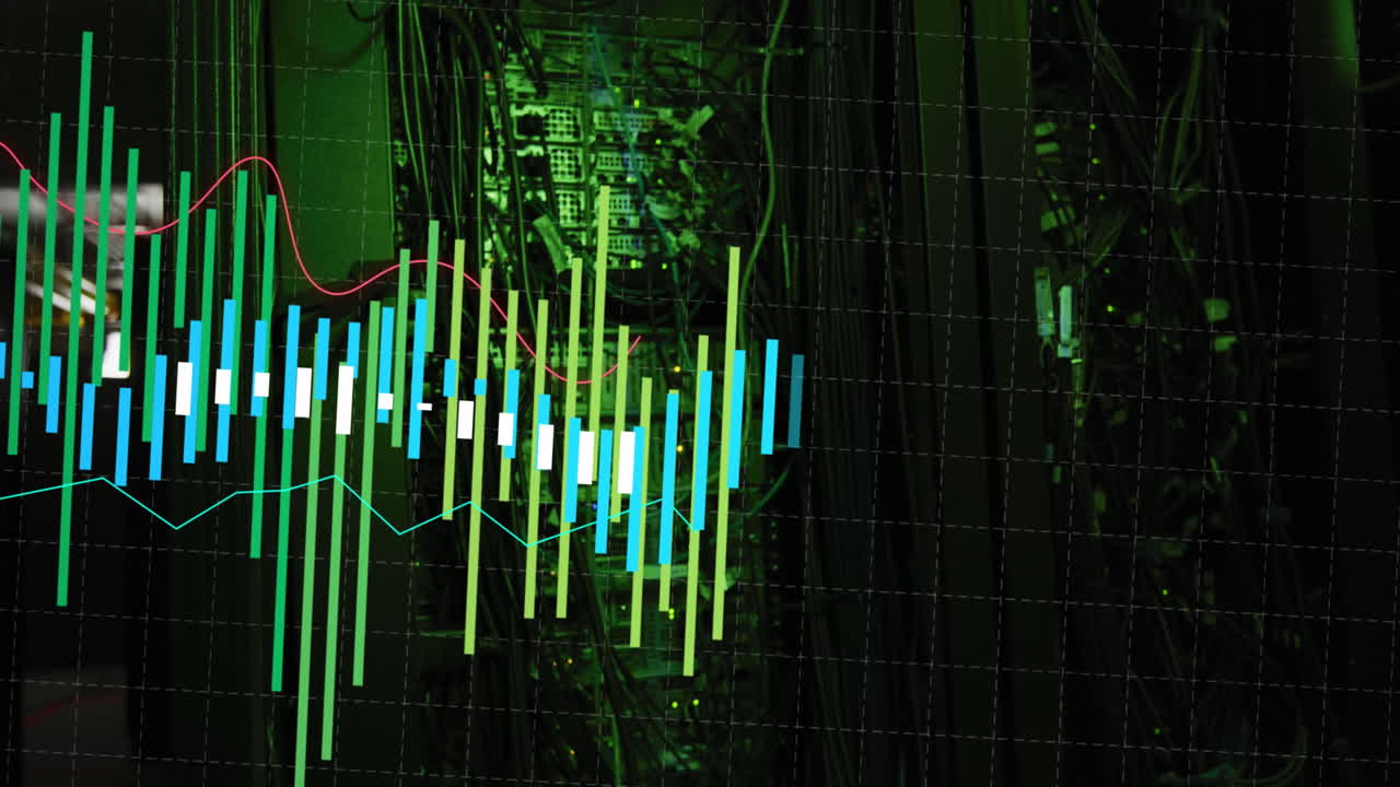 animación del procesamiento de datos financieros a través de servidores informáticos