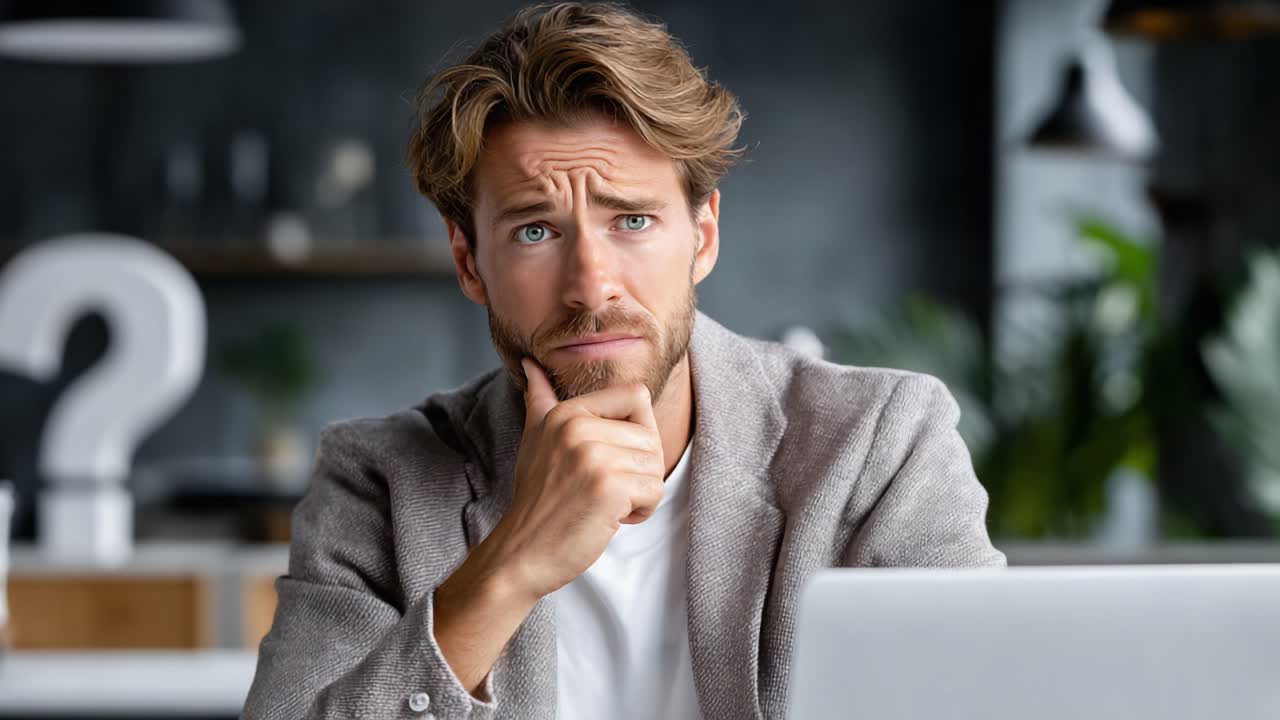 A Thoughtful Man Contemplates in a Modern Workspace, Exhibiting Expressions of Curiosity and Concern Amidst a Stylish Background