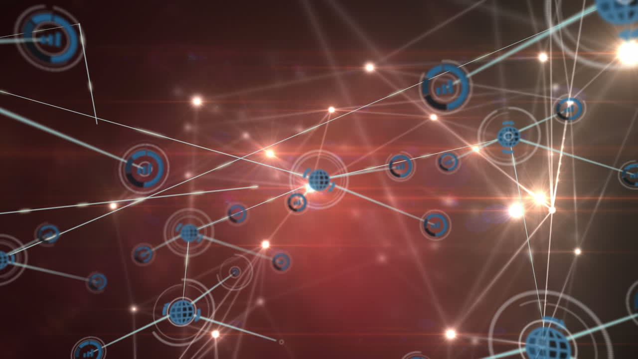 animación de una red brillante de iconos digitales contra un fondo rojo
