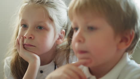 brother and sister watch lesson on computer attentively