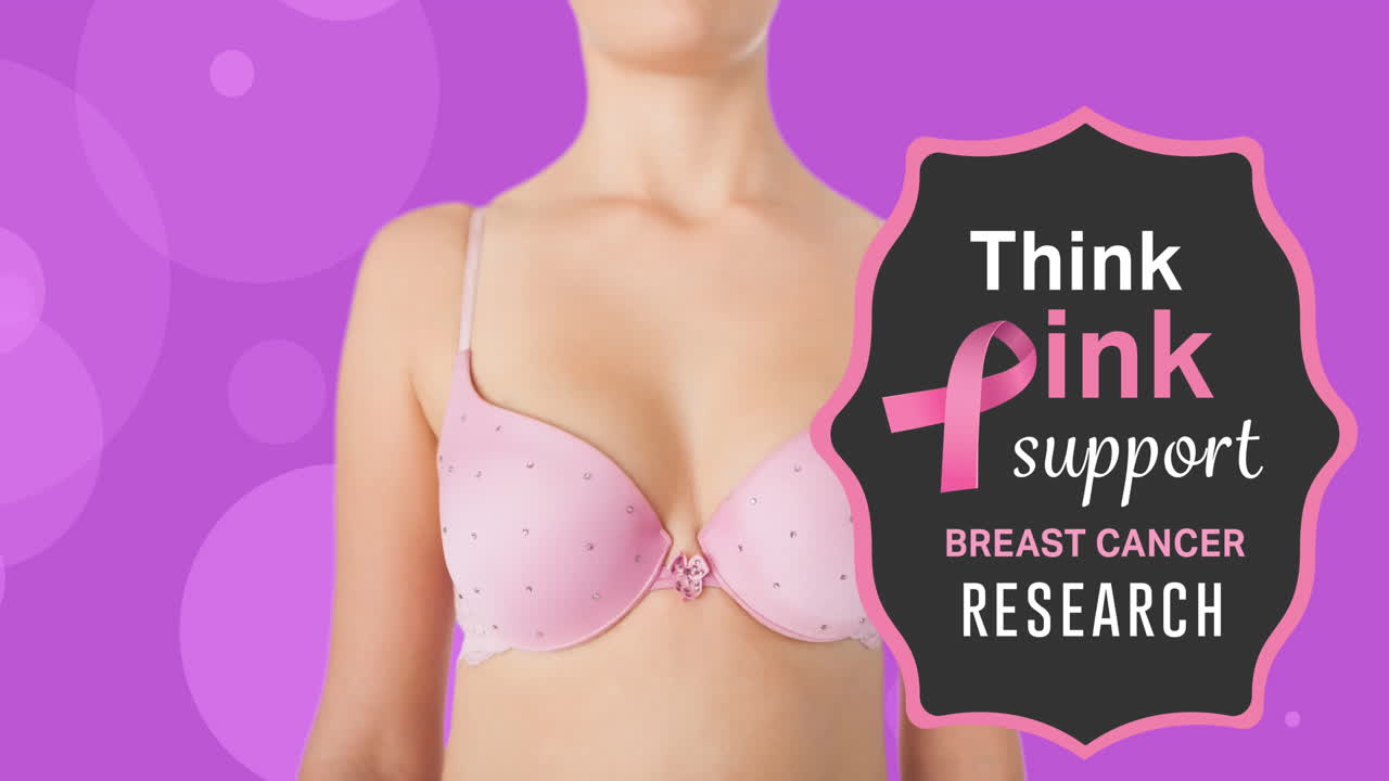 Animation of breast cancer awareness text and pink ribbon with caucasian woman in pink underwear