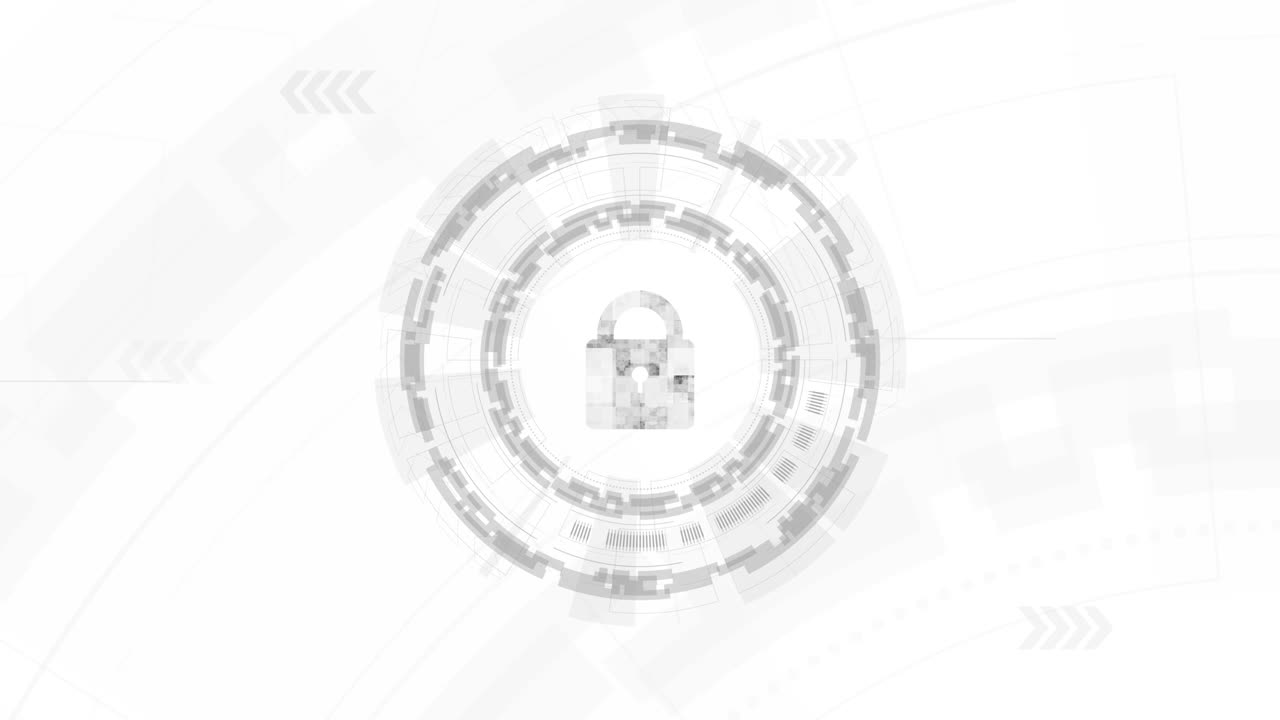 la clave y el círculo gris seguridad y cortafuegos gráfico de movimiento en fondo blanco, el sistema de seguridad para el concepto de computadora y red.