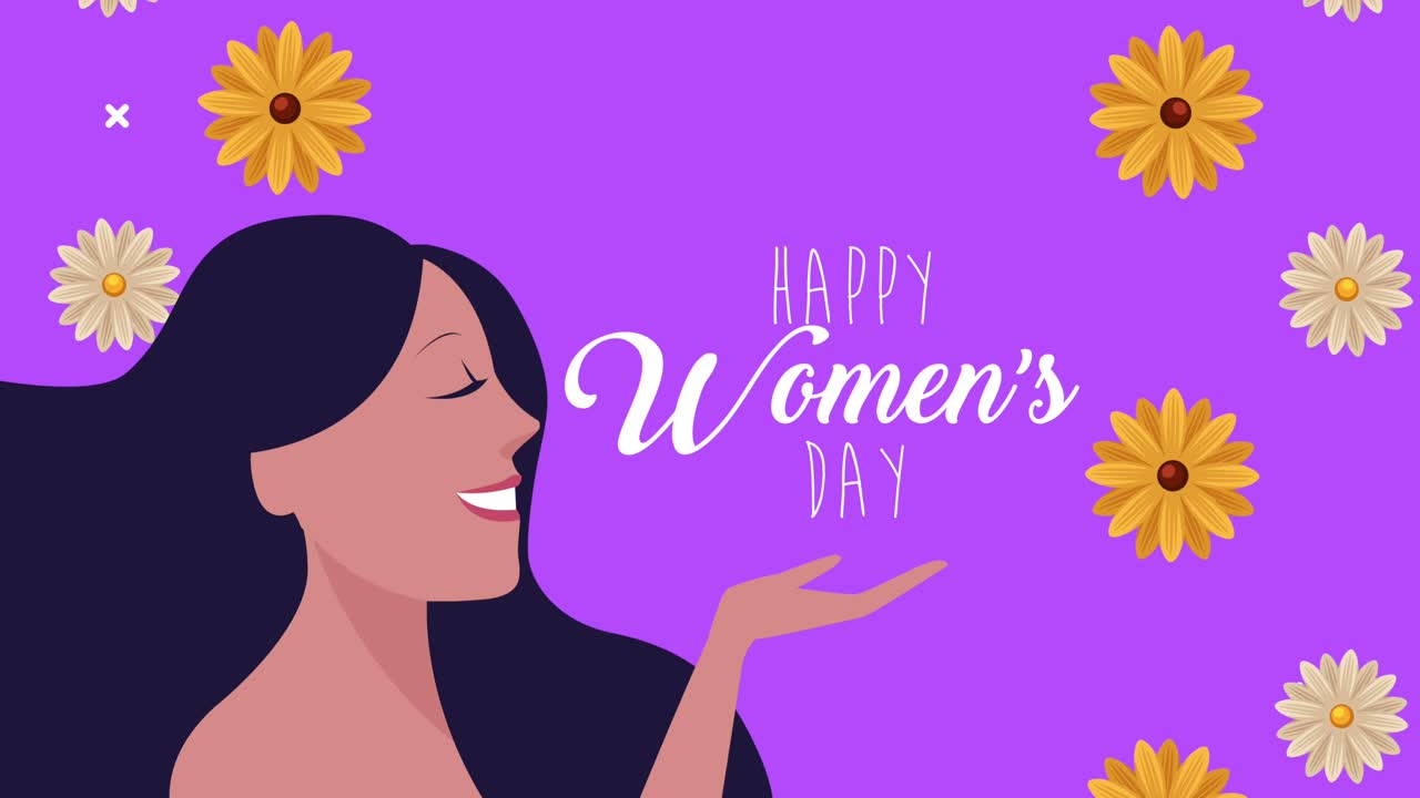 happy womens day lettering card with girl happy and flowers