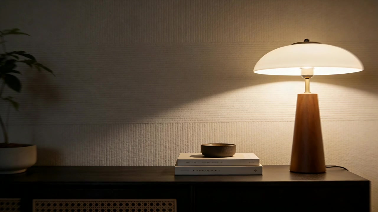 Panoramica della telecamera a destra che rivela una lampada da tavolo che proietta luce in movimento su una parete strutturata, libri e una ciotola, con spazio per il testo.