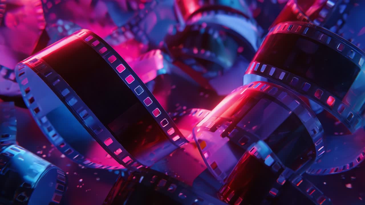 A Vibrant Display of Twisted Film Strips Illuminated by Luminous Colors, Showcasing the Beauty of Cinematic Elements in a Captivating Artistic Composition