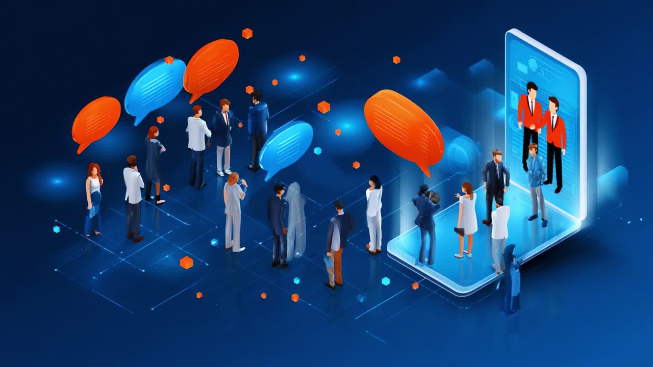 Digital Interaction Among Diverse Professionals in a Modern Virtual Space with Colorful Speech Bubbles, Showcasing Communication, Networking, and Collaboration in Today's Digital Era