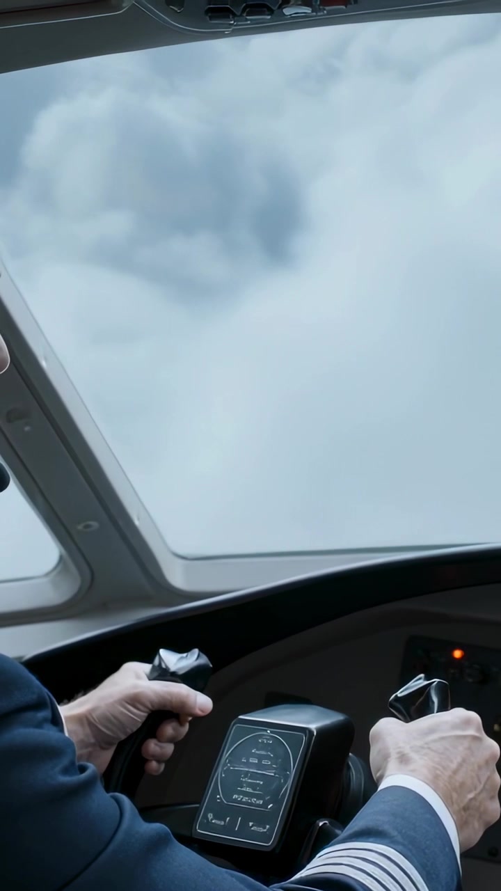 Video verticale: Pilota con spalline che afferra le cloche nella cabina di pilotaggio, reagisce alle nuvole e controlla il display.