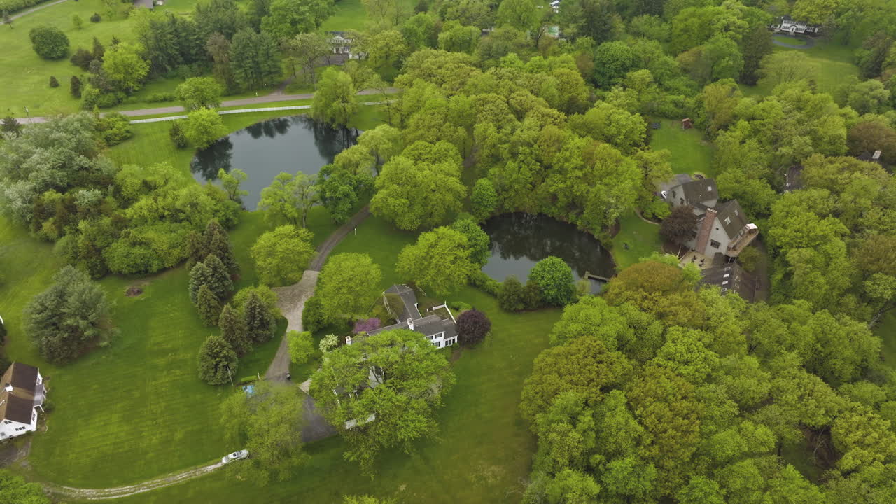 Green rural suburb with beautiful houses on the distance from each other. Lovely residential area with little ponds by the mansions. Top view.