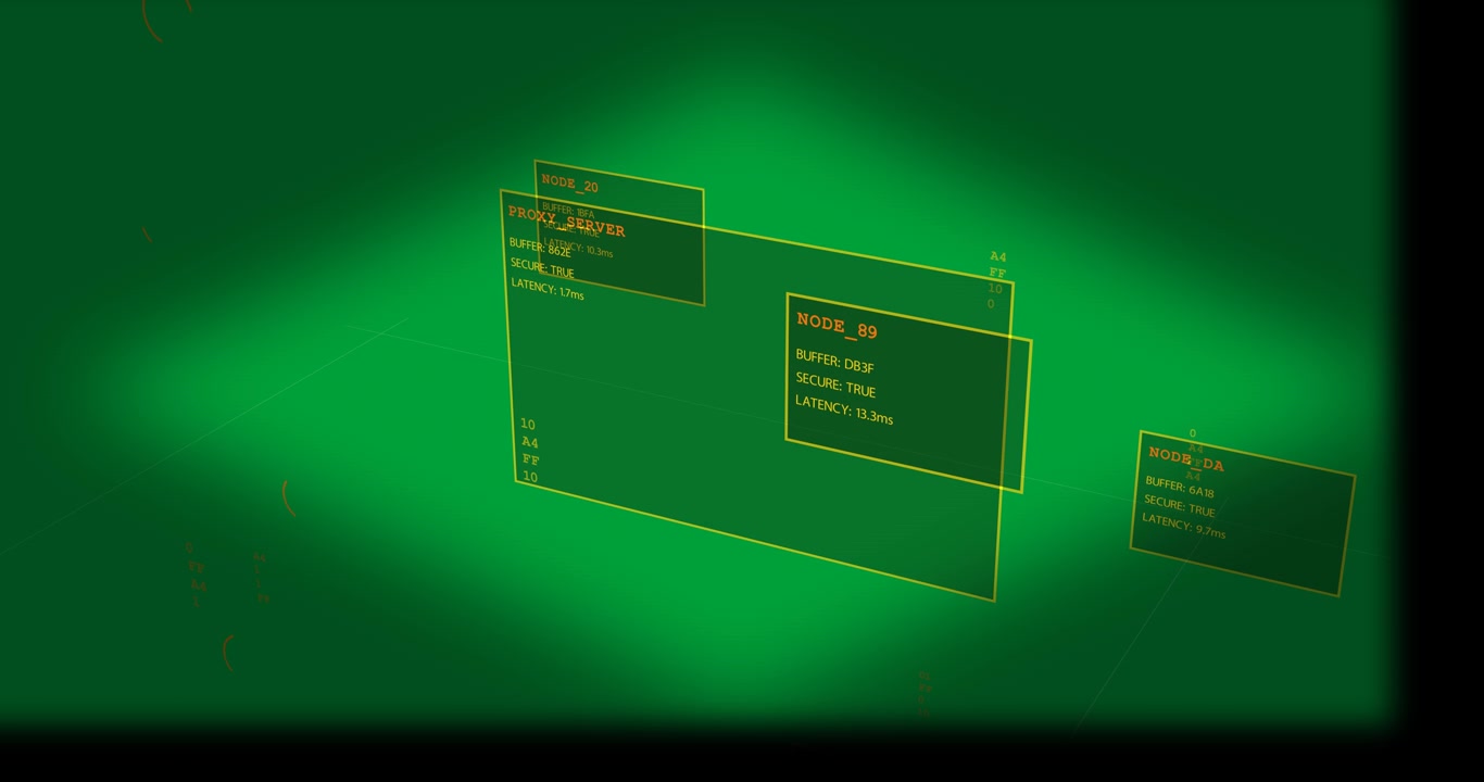 Camera pulling back, proxy and node panels sliding, rotating, showing telemetry on transparent void