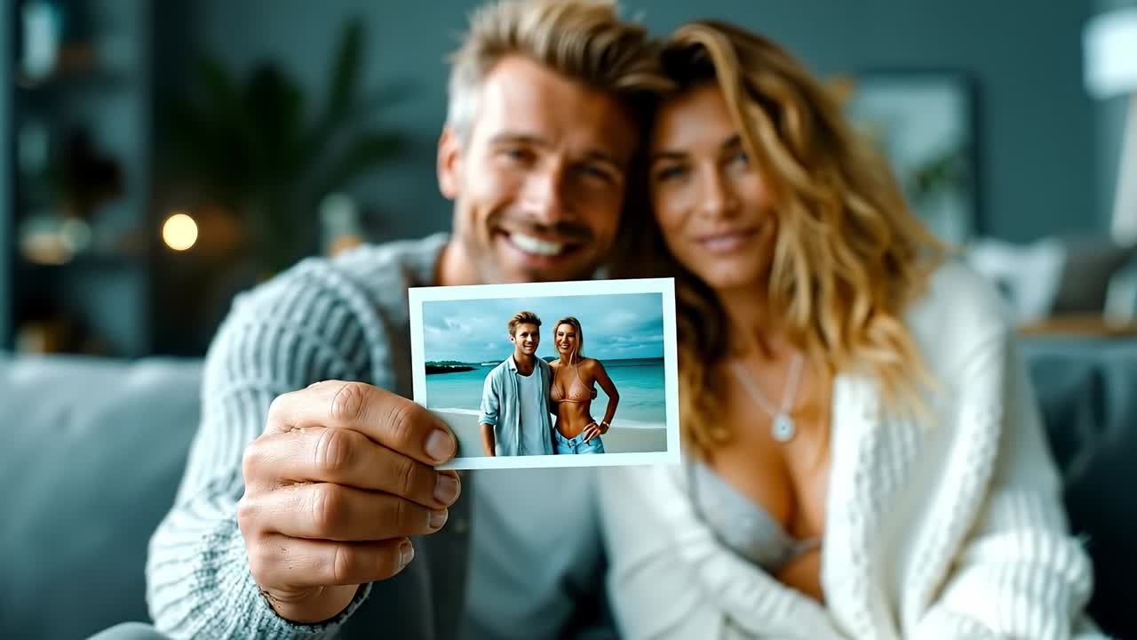 A man and woman sitting on a couch holding up a photo of themselves
