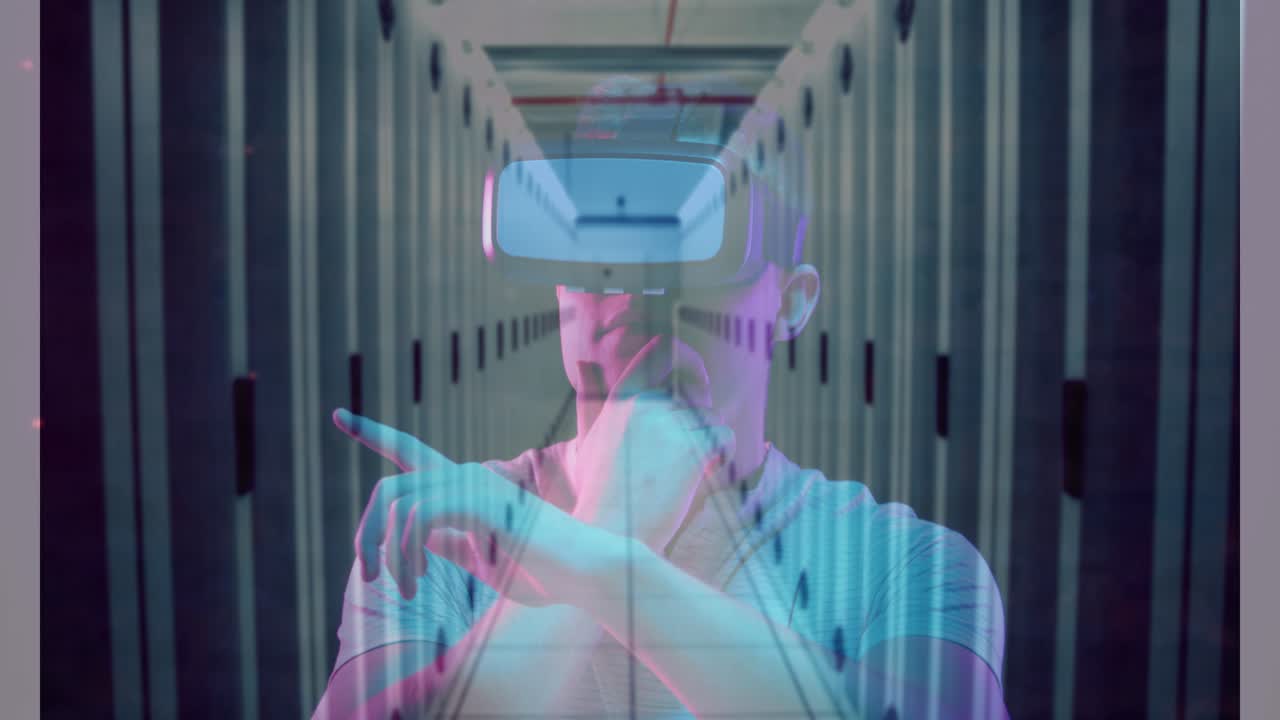 Animation of men using vr headset over server room