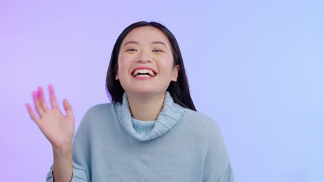 video call, portrait of asian woman wave hand