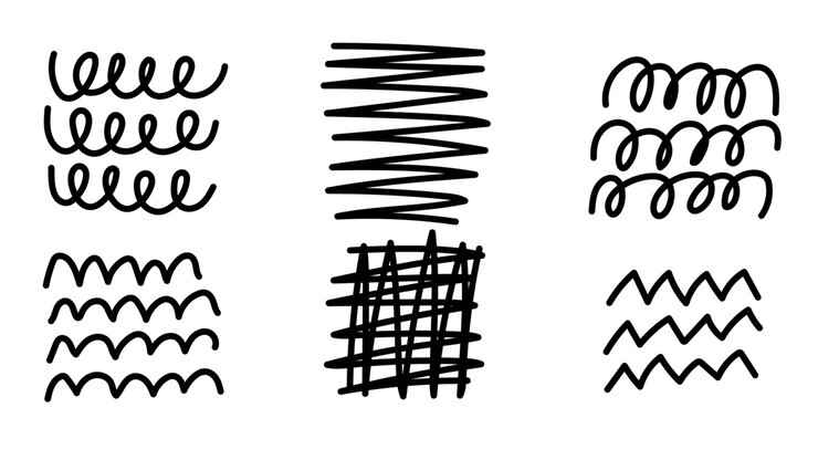 Forme e scarabocchi in stile doodle disegnati a mano su sfondo bianco