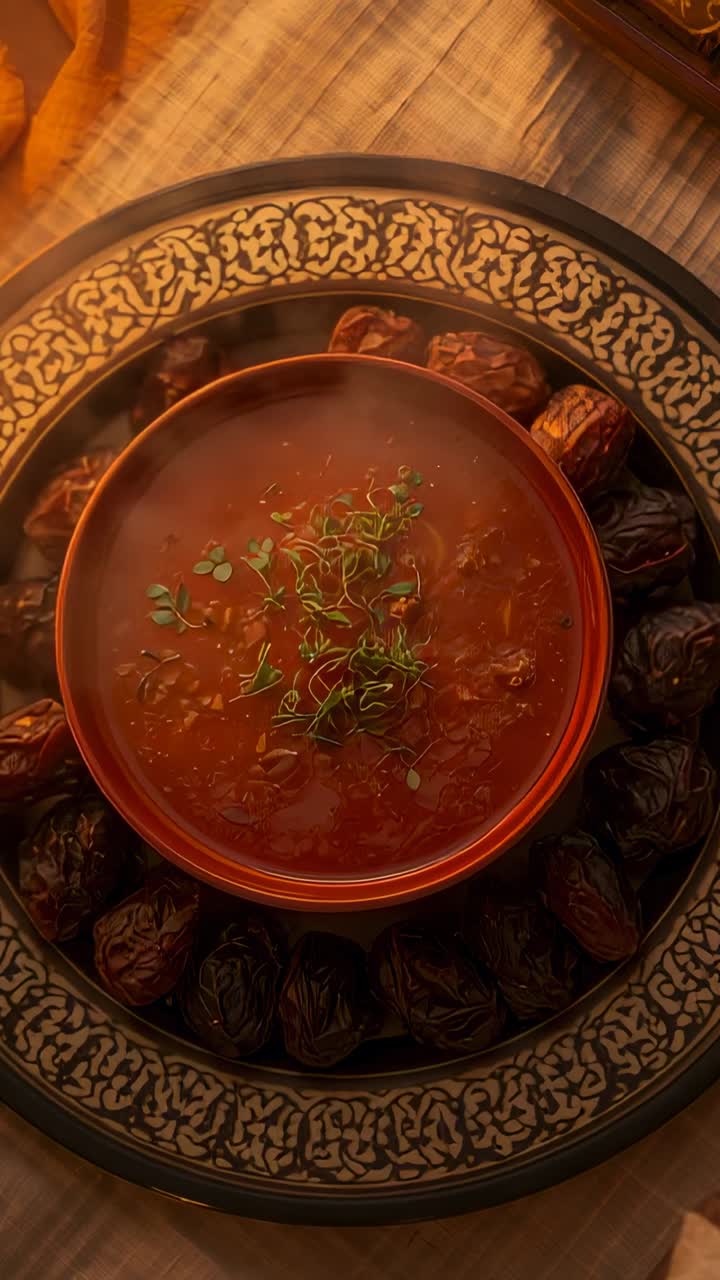 Dikey video: Tepsideki kasenin üzerinde yükselen buhar, masayı gösteren masaya doğru yakınlaşan kamera, hurmaları, mikro yeşillikleri