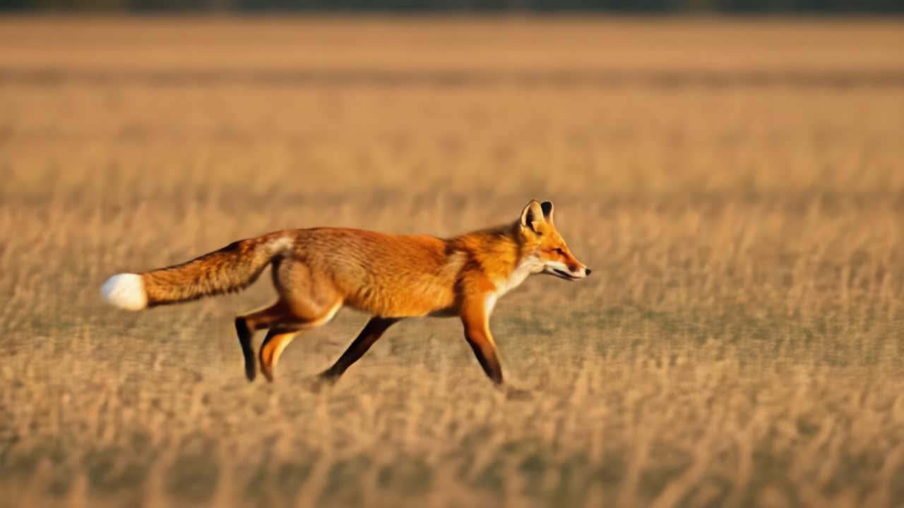 A Majestic Fox Gracefully Traverses the Golden Grassy Fields as It Hunts for Food Under the Warm Glow of the Setting Sun with Eager Determination