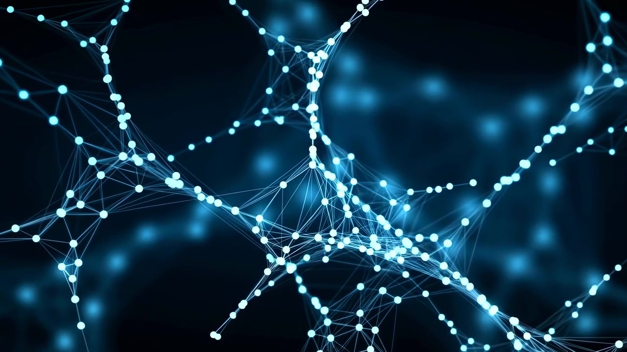 Close-up three-dimensional cluster of bright cyan circular nodes joined by thin semi-transparent filaments, forming dense triangular mesh with curved strands, layered depth, luminous contrast, and