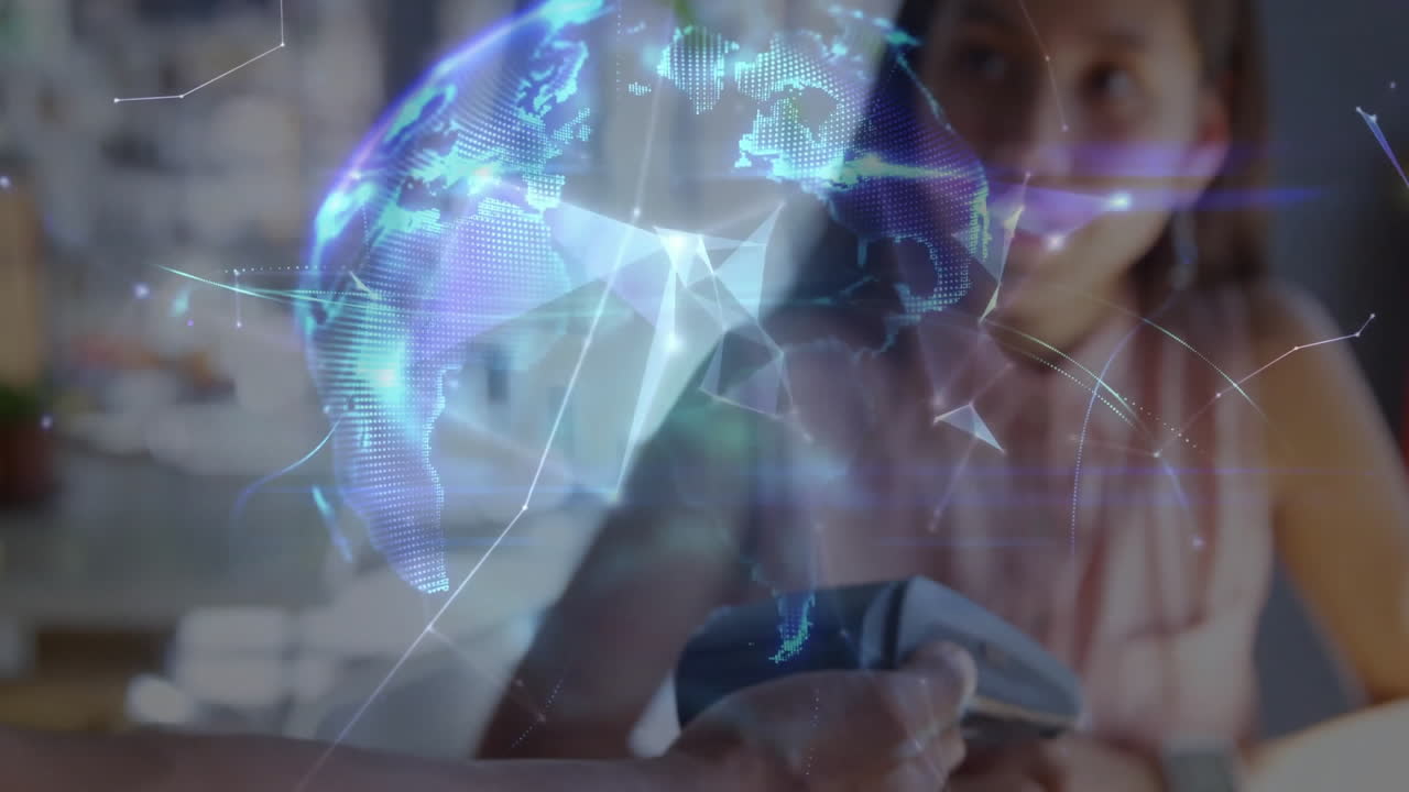 Digital globe animation over person using smartwatch for contactless payment