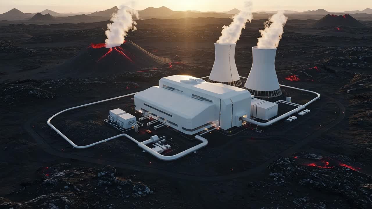 Aerial View of a Modern Energy Facility with Cooling Towers and Nearby Volcanic Activity, Showcasing the Coexistence of Technology and Nature in Energy Production