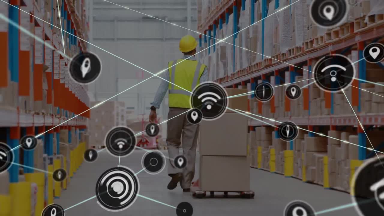 animación de la red de conexiones con iconos sobre el hombre caucásico en el almacén