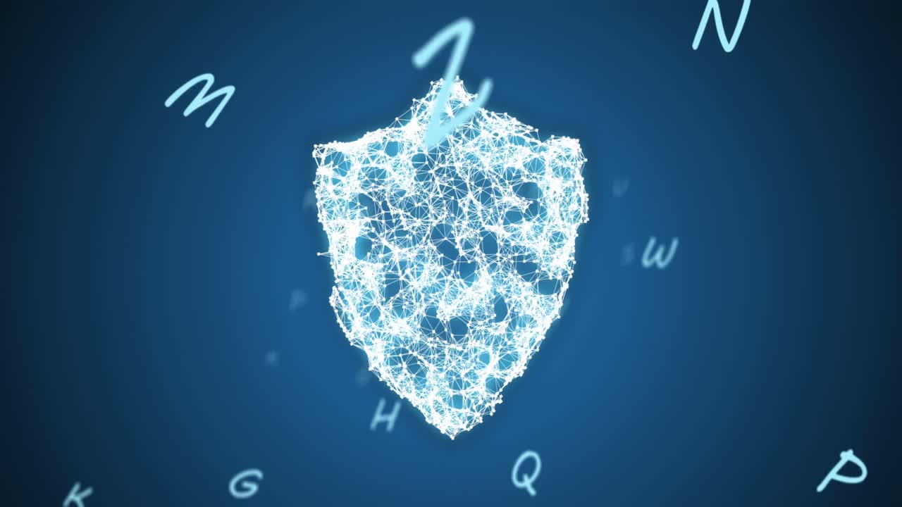 Animation of letters and shield of connections on blue background