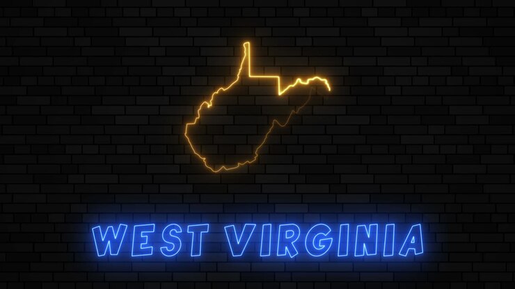 State of West Virginia map silhouette with neon line on a dark brick wall background