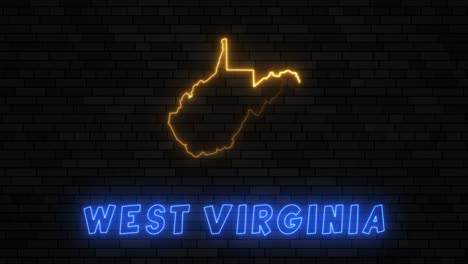 state of west virginia map silhouette with neon line on a dark brick wall background