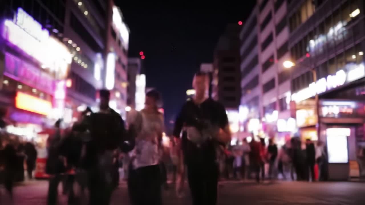 A vibrant urban scene capturing the essence of nightlife as pedestrians navigate through a bustling street adorned with colorful neon lights in a lively city environment