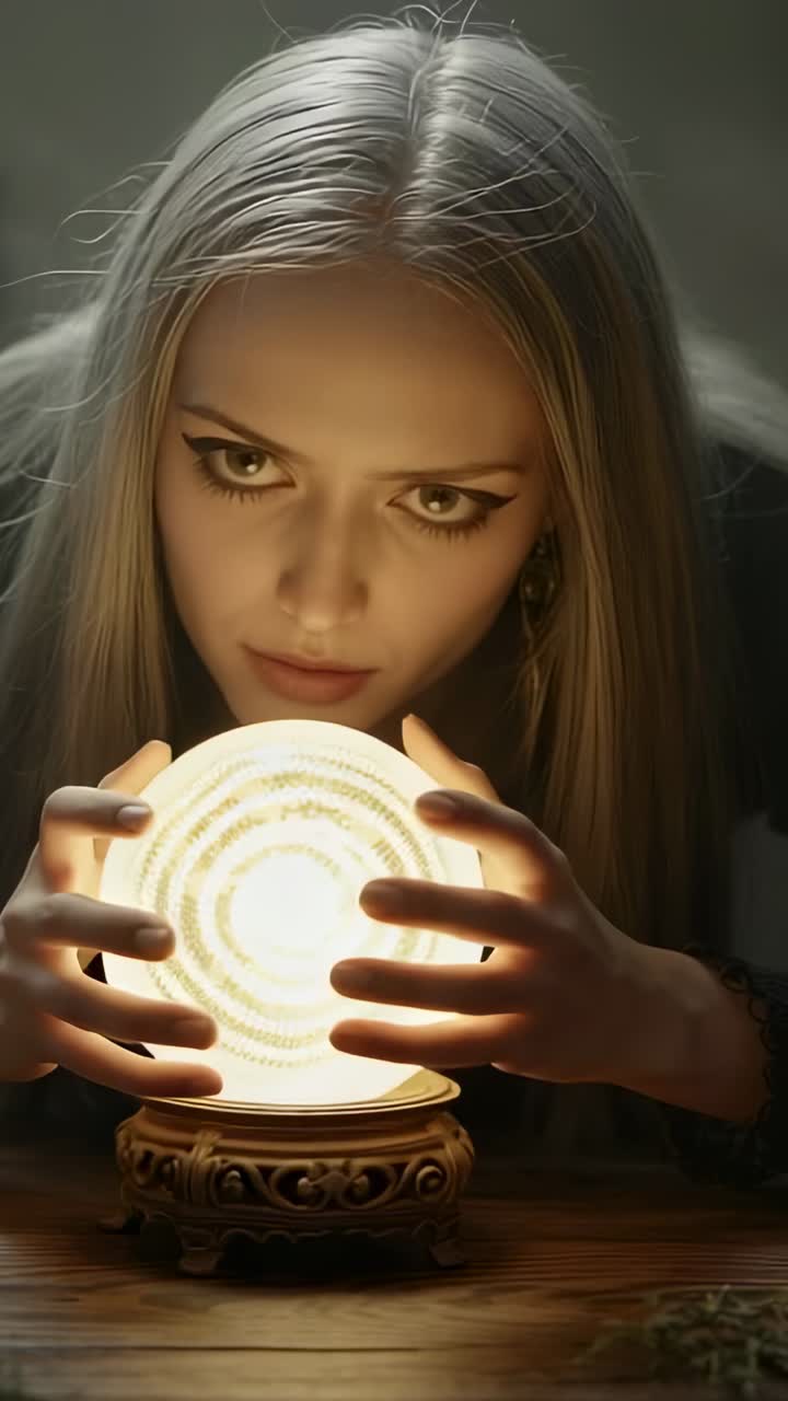 Vertical video: Touching glass globe fortune teller summoning ringed glow for reading at table