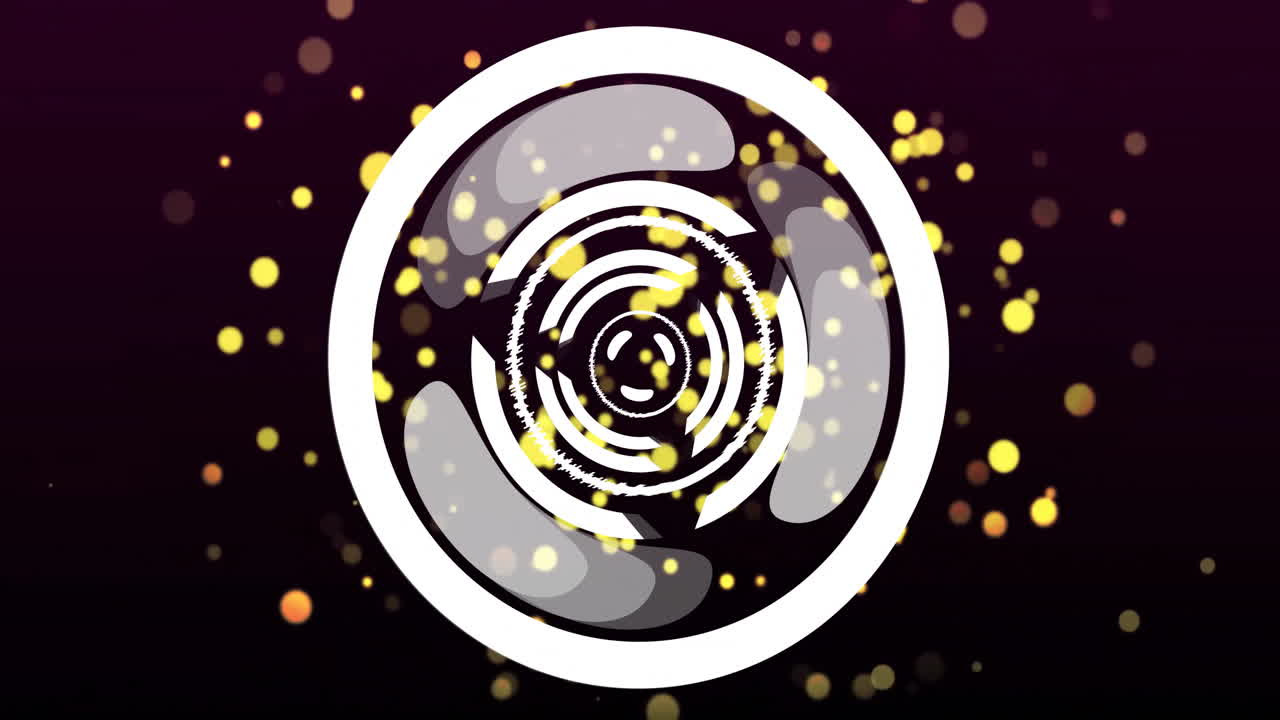 어두운 배경 위에 활기찬 원형 패턴과 반이는 입자