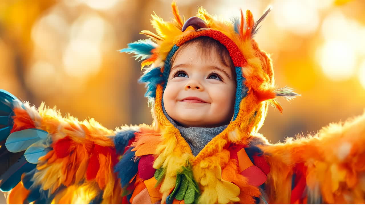 Child enjoys autumn in colorful costume. Child smiles while wearing a bright costume during autumn in a park, surrounded by trees and falling leaves