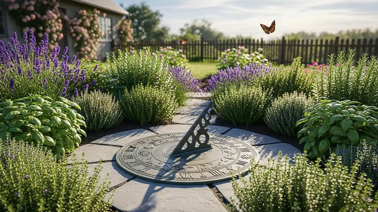 A beautifully arranged garden showcasing a stunning sundial centerpiece, surrounded by vibrant lavender and lush greenery, ideal for peaceful outdoor relaxation and timekeeping