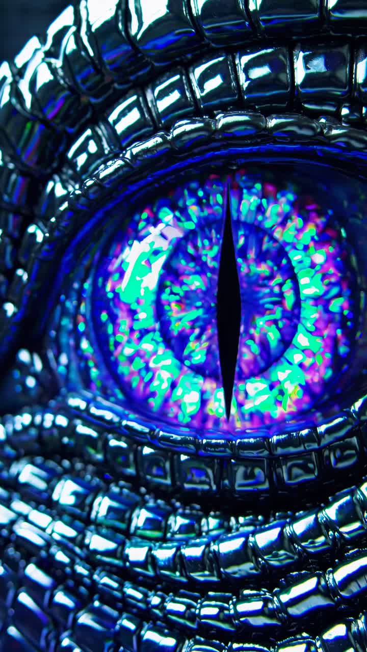 Close-up of a reptilian eye with iridescent scales, captured at an eye-level angle