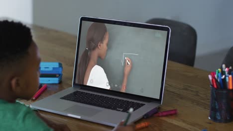 niño afroamericano sentado en un escritorio usando una computadora portátil teniendo una lección escolar en línea