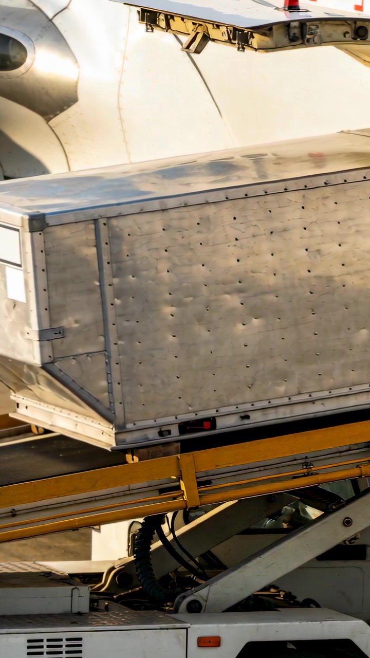 Vertical video: Starting lift, yellow scissor-lift loader moving ULD into aircraft hold for loading
