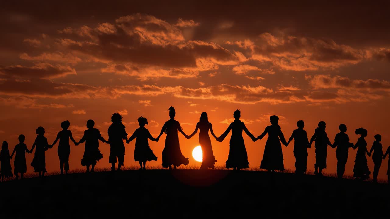 A Heartwarming Gathering of Silhouetted Figures Holding Hands Against a Stunning Sunset, Signifying Unity and Togetherness in a Beautiful Landscape