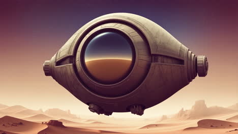 futuristic flying machine in desert landscape