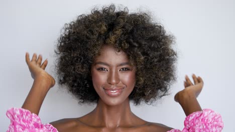 happy woman with curly hair