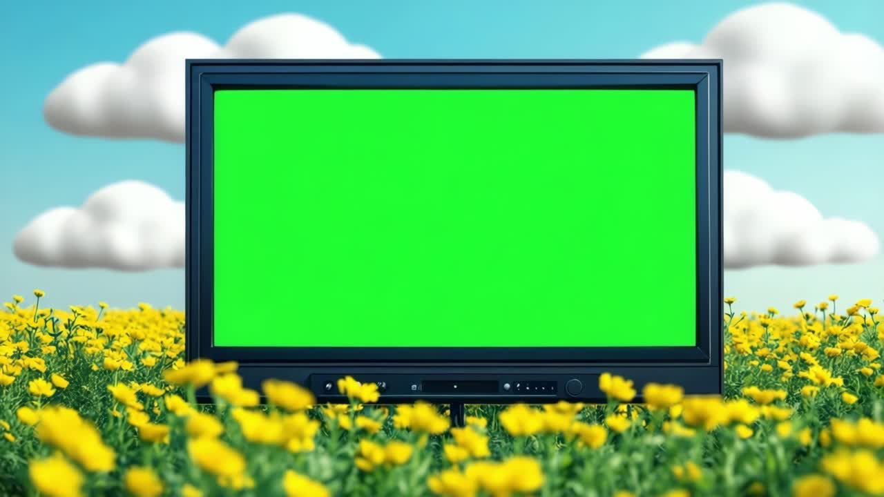Wide tv with green chroma key standing in a field of flowers under a blue sky with clouds, representing outdoor advertising and entertainment