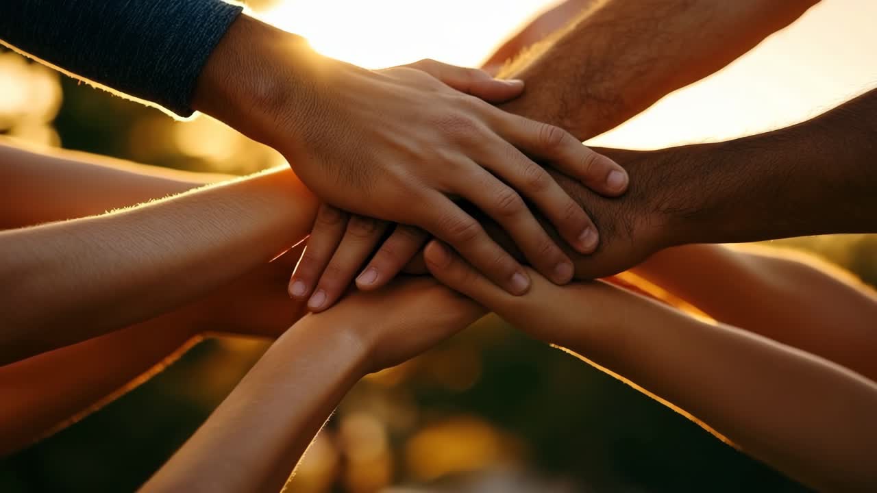 Low-angle shot of diverse hands stacked together against a sunset, symbolizing unity and teamwork