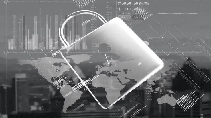 Security padlock icon and digital interface with data processing against cityscape in background