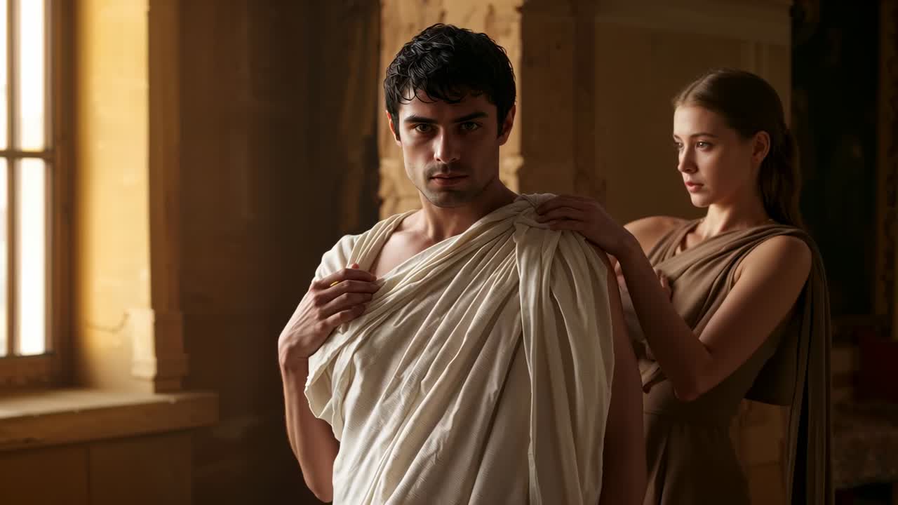 Reaching woman in brown dress adjusting man's white toga at paned window, preparing actor for scene