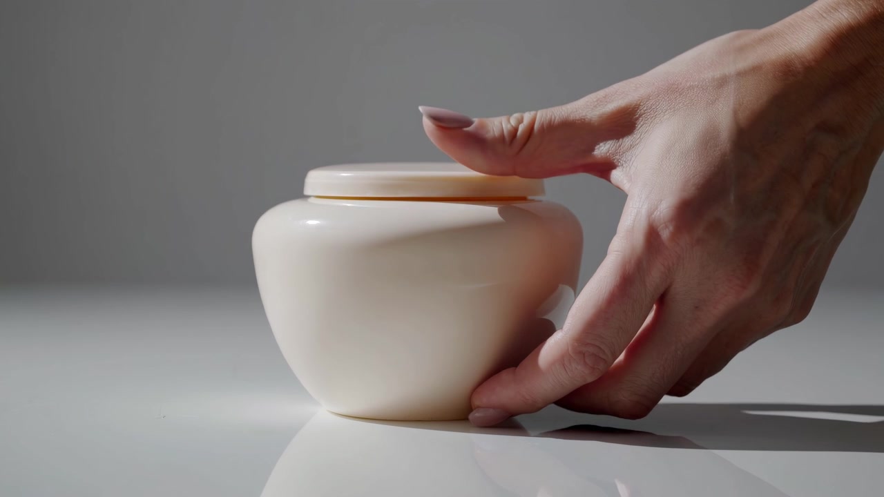 Mano tocando y recogiendo un tarro de crema sobre una superficie blanca.