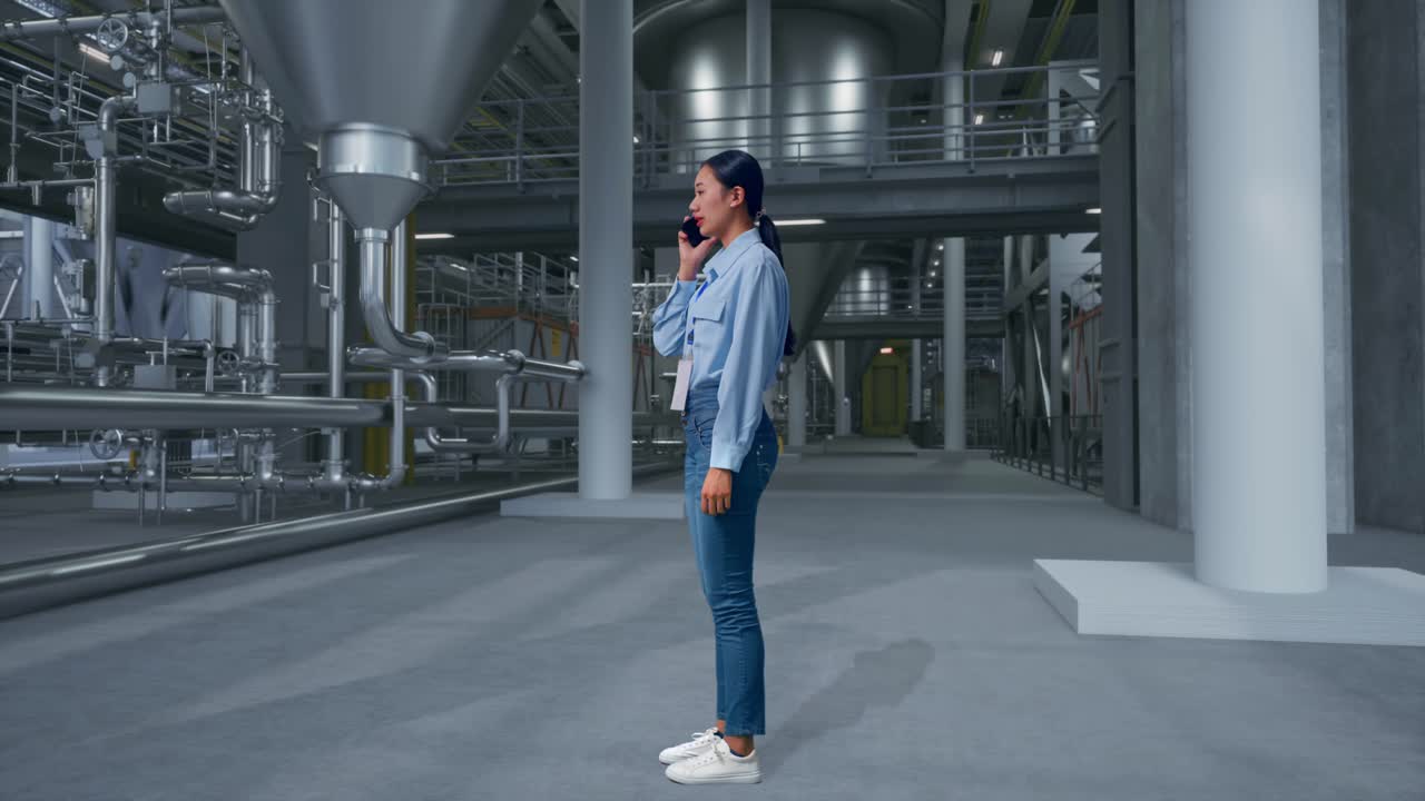 Full Body Side View Of Asian Female in Distillery Interior With Large Fermentation Tanks, She Is Speaking With Someone In The Phone