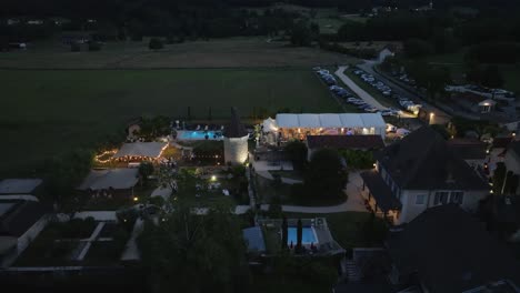 Aerial-view-of-scenic-wedding-party-from-above-luxurious-garden-in-Lyon,-France