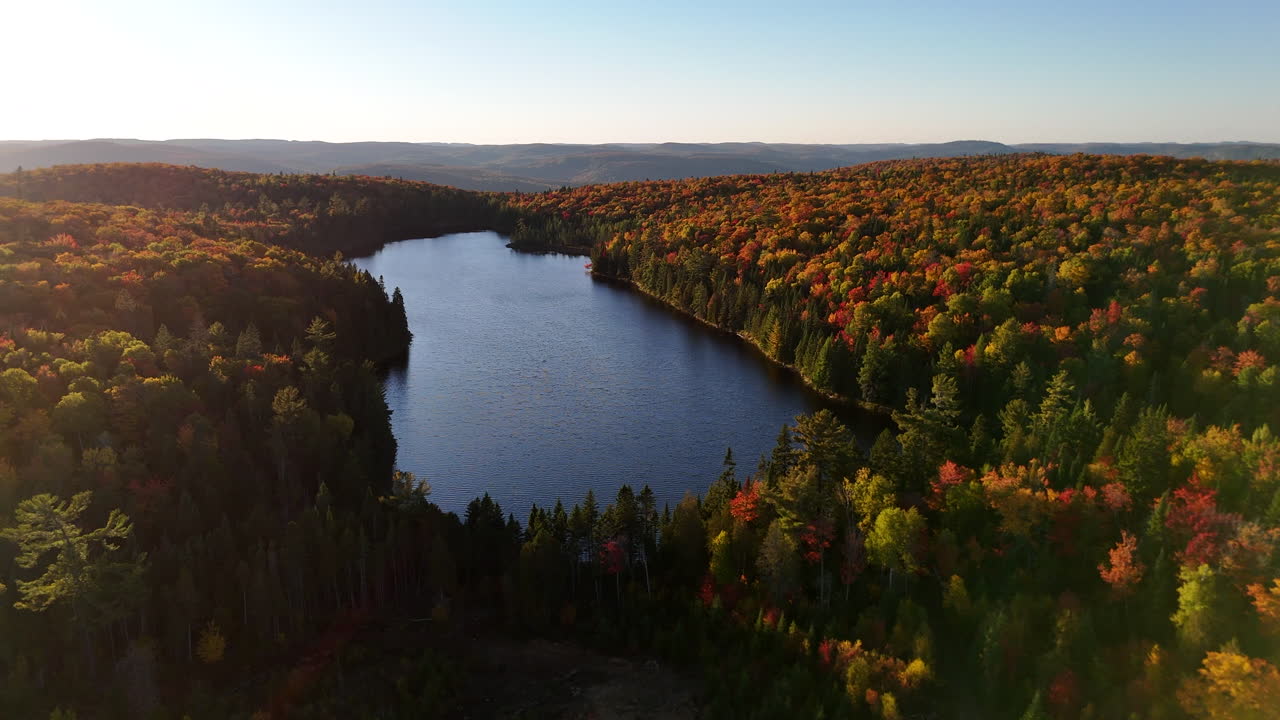 Aerial drone view of a colorful autumn sunset over a forest and lake in Mauricie, Quebec, Canada. The warm light enhances the vivid seasonal tones
