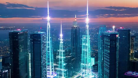 experience a futuristic cityscape with advanced aerial transportation, digital displays on skyscrapers, and illuminated towers during sunset