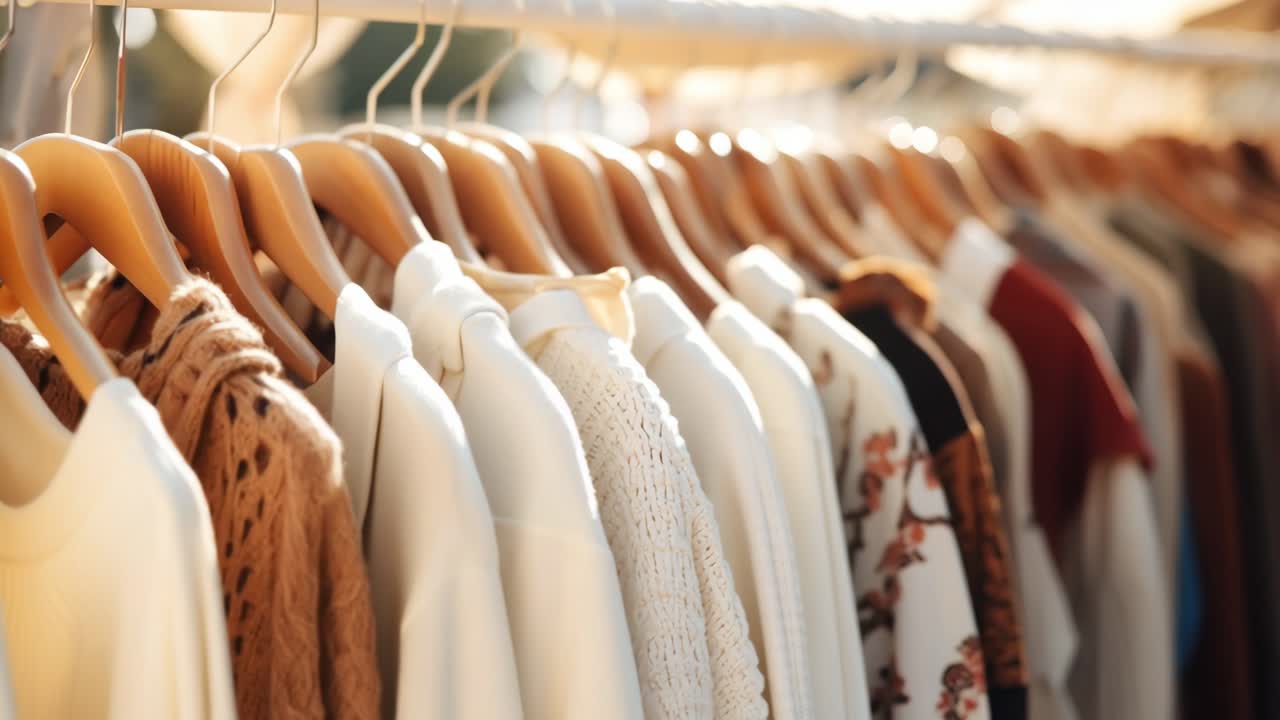 A video still of a clothing rack with cozy sweaters and tops, captured from a side angle