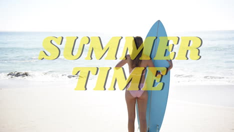 animation of summer time text over diverse couple spending time on beach