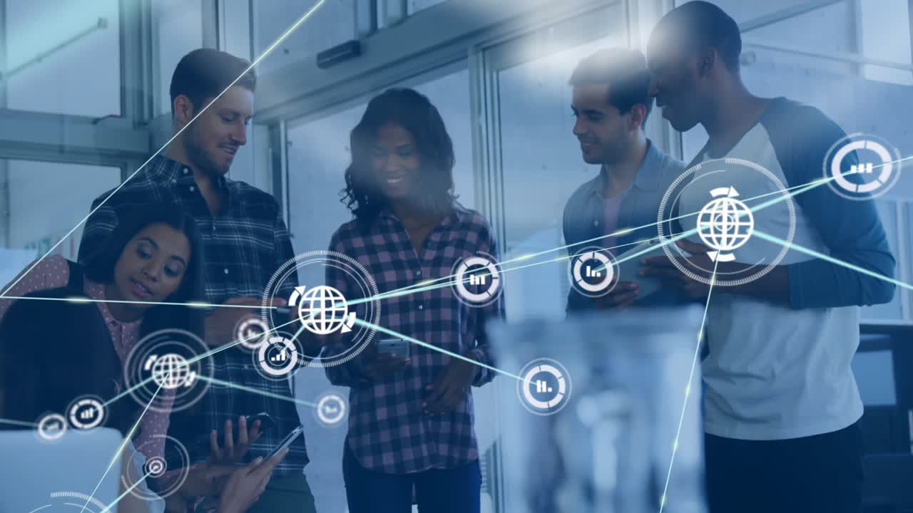 Animation of network of connections with globe icons over diverse business people in office